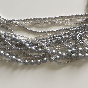 Opera length beaded necklace, multi-strand, silver color, 44”